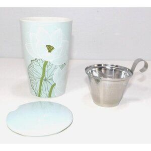 TEA FORTE light green ceramic 12 oz mug, cup with steeping tea basket & lid